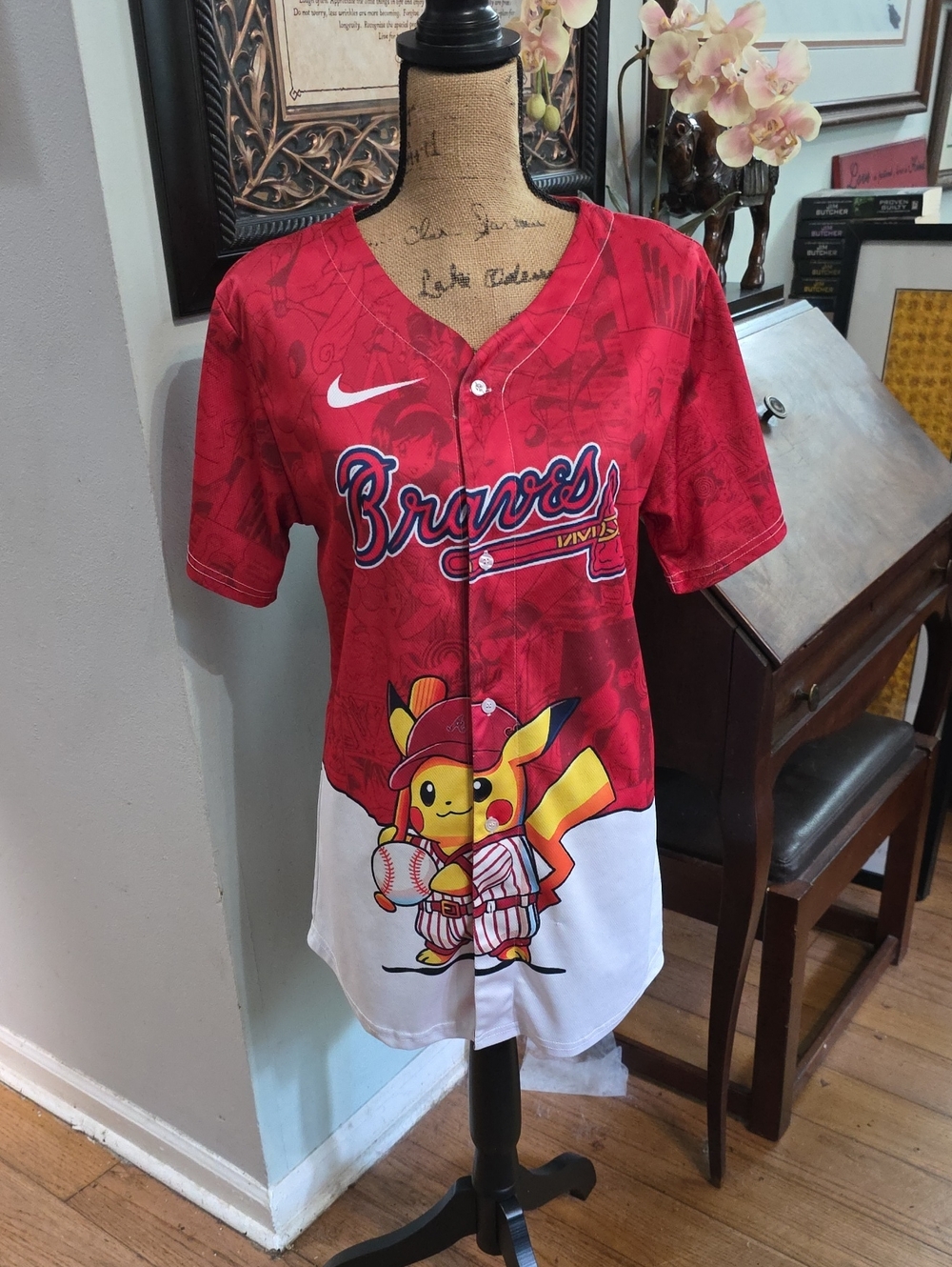 Nike Braves Red and White Pikachu Short-Sleeve Baseball Jersey